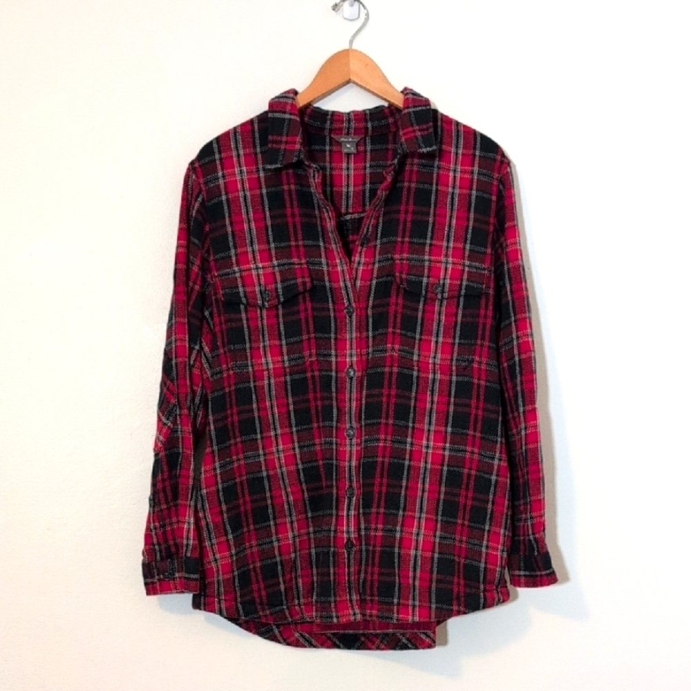 Eddie Bauer Outdoors Red & Black Plaid Flannel Shirt Overshirt Shacket Sz XL